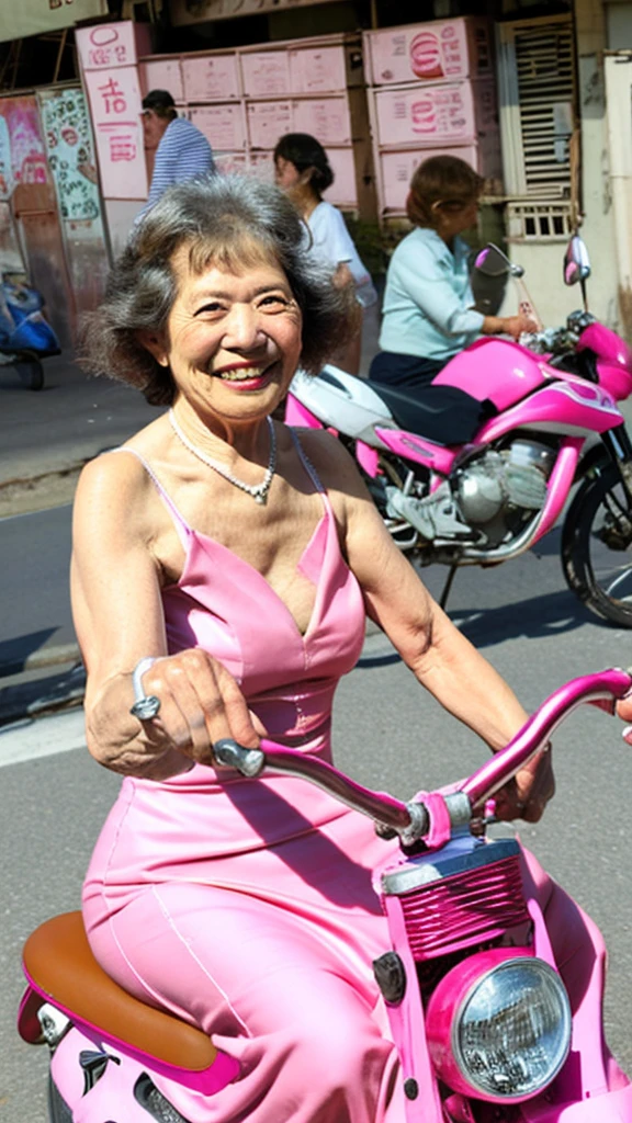 Frog-shaped motorbike, old woman riding a bike, Japanese woman, 60 years old, pink dress, thick, bulging eyes, smiling