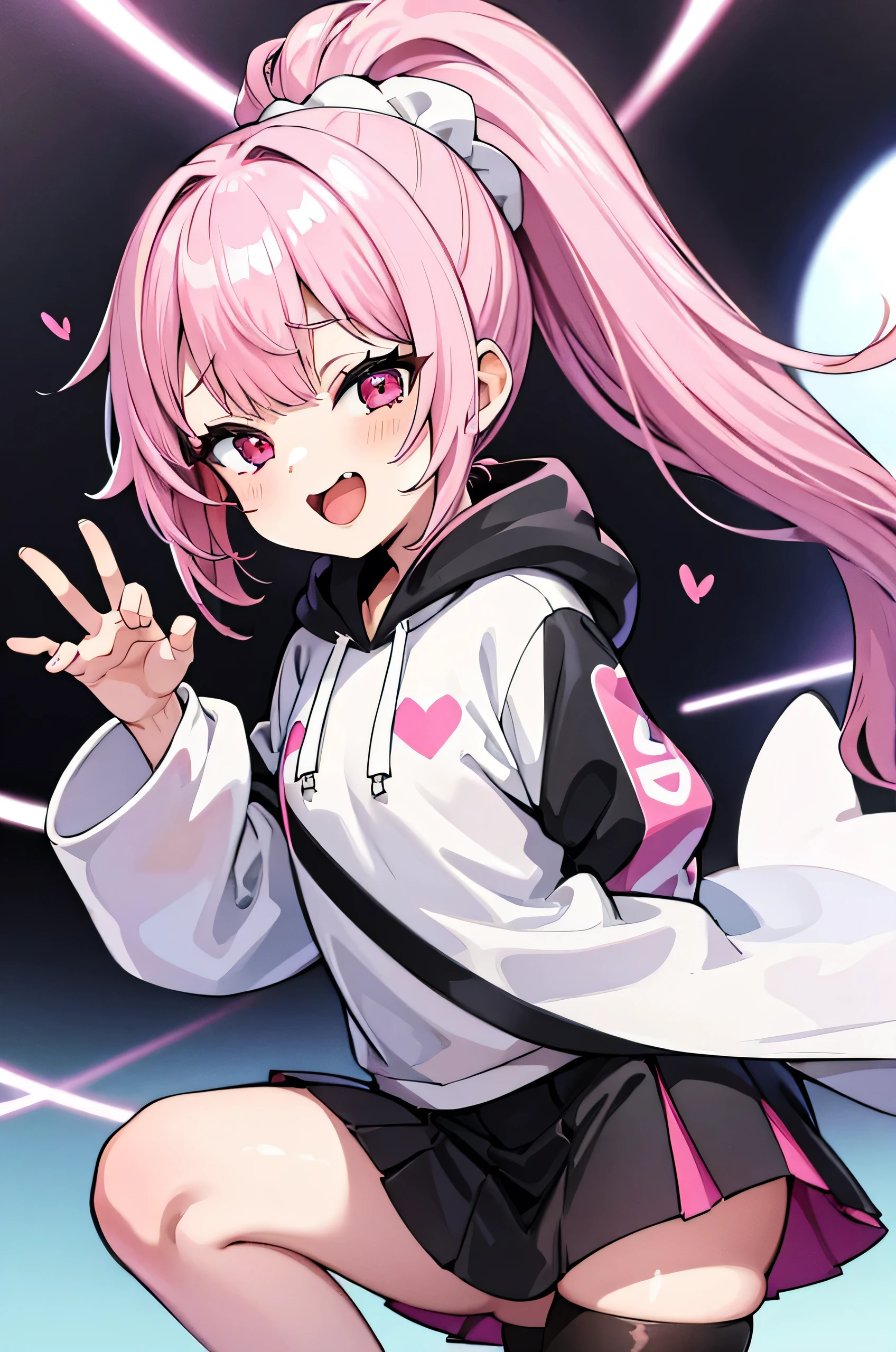 Cute, 1girl, pink hair ponytail, white hoodie, black skirt, see through pantyhose, ahegao, pink eyes with heart in it