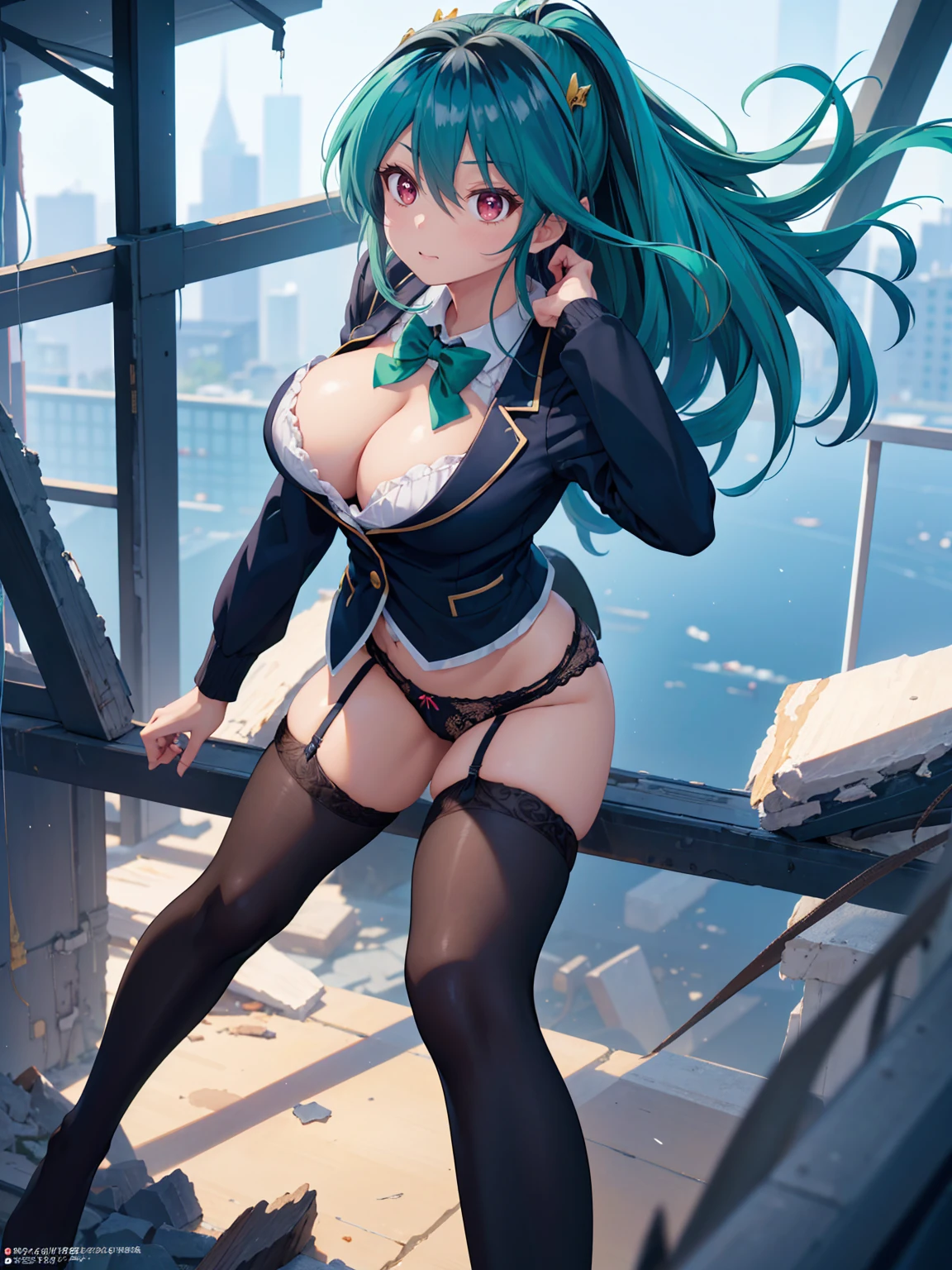 (1 Girl),(high quality), (High resolution), (Very detailed), (8k),(Demolition paperback correct)、Urusei Yatsura、Ram-chan、((Sexy Lingerie))、Wearing a blazer、((Focus on the whole body))、Nipple Shape、((Black knee-high stockings))、Hair messed up by the strong wind、Neutral White Lighting,Sexy pose、
