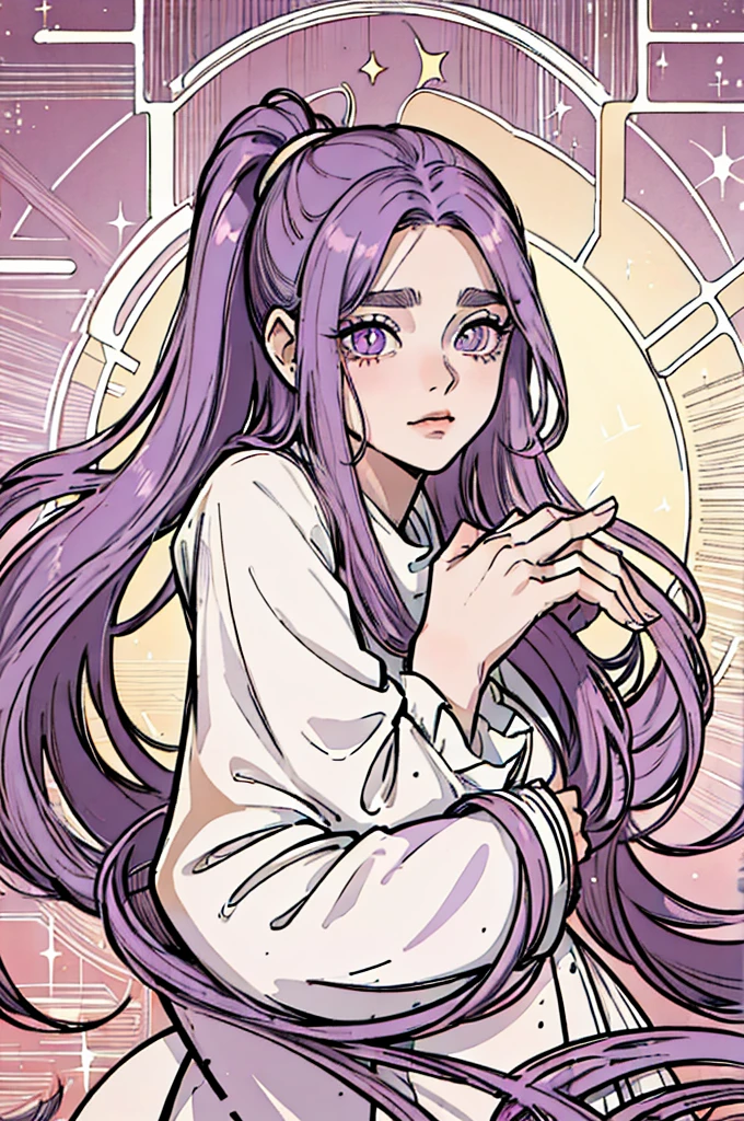 Long, straight hair, typically tied back in a ponytail; purple in color. Almond-shaped eyes, with a warm hazel hue, often sparkling with curiosity. Well-groomed brows and slightly arched, giving an expressive look. Soft and rounded jaw, giving a gentle and approachable appearance.