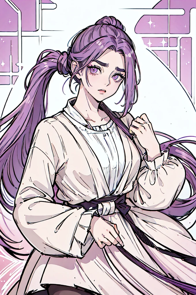 Long, straight hair, typically tied back in a ponytail; purple in color. Almond-shaped eyes, with a warm hazel hue, often sparkling with curiosity. Well-groomed brows and slightly arched, giving an expressive look. Soft and rounded jaw, giving a gentle and approachable appearance.