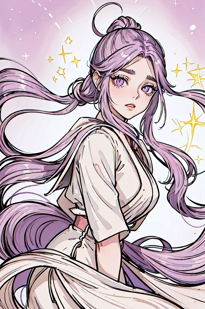 Long, straight hair, typically tied back in a ponytail; purple in color. Almond-shaped eyes, with a warm hazel hue, often sparkling with curiosity. Well-groomed brows and slightly arched, giving an expressive look. Soft and rounded jaw, giving a gentle and approachable appearance.