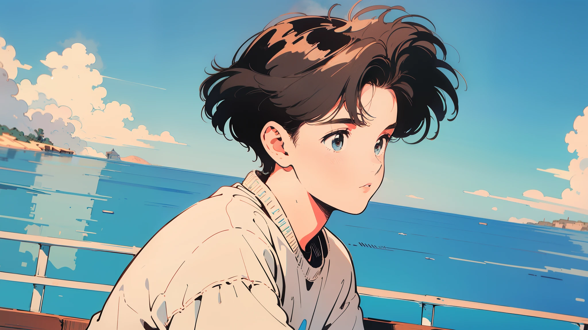 best quality, 4k wallpaper, masterpiece, very detailed CG Unity 8k 벽지, very detailed 눈, very detailed, intricate details, retro,  Library Landscape, brown hair 20 year old boy,  Looking at the entire upper body,  incredibly blue sea background, Incredibly blue cloudy sky background