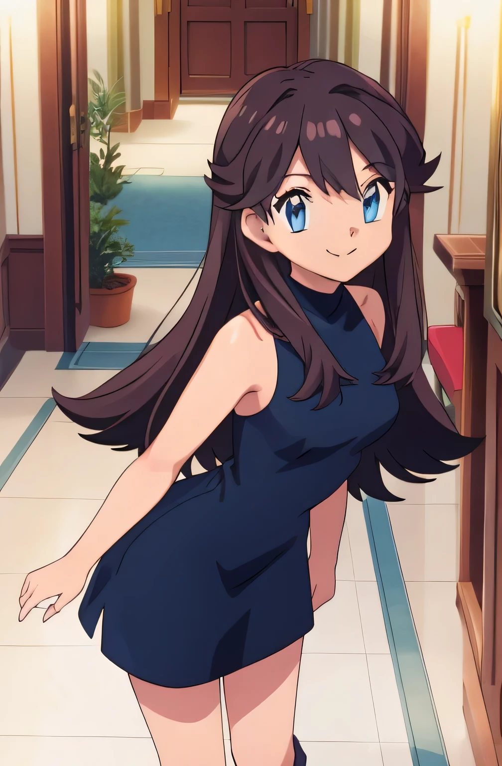 (masterpiece, best quality), intricate details, 1girl, green (pokemon), brown hair, blue eyes, looking at viewers, standing up straight, sleeveless black skin tight dress, smile, indoor, pokemovies