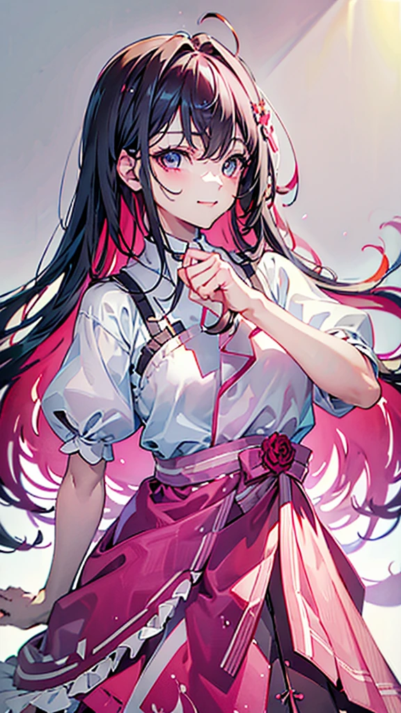smile、((Put your hands forward))、Adult women、(((masterpiece、Highest quality、high resolution)))、long hair、Pink inner color、Cheerful pose、Upper Body
