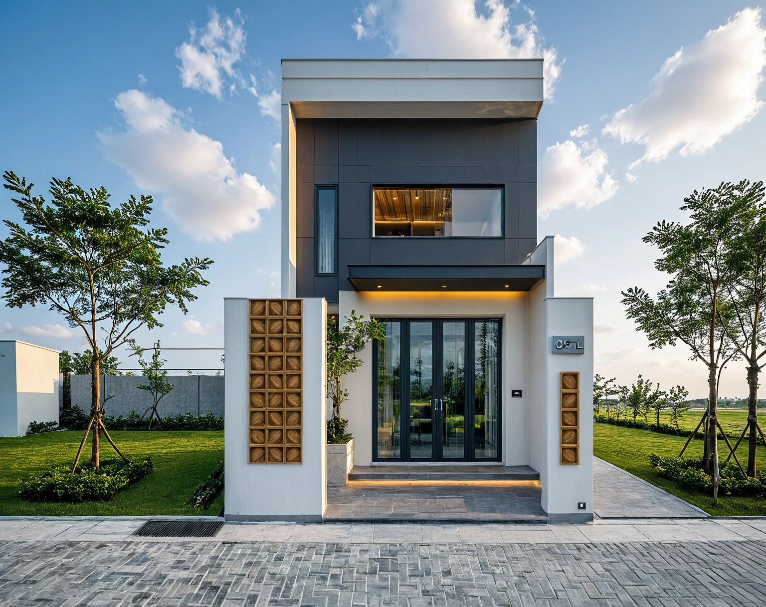 Masterpiece, high quality, best quality, authentic, super detail, outdoors, onestoreyvillaXL, aiaigroup, house style modern on the street ,stairs, white wall ,road,pavement, grass, trees, sky, cloud, (daylight:1.1)
