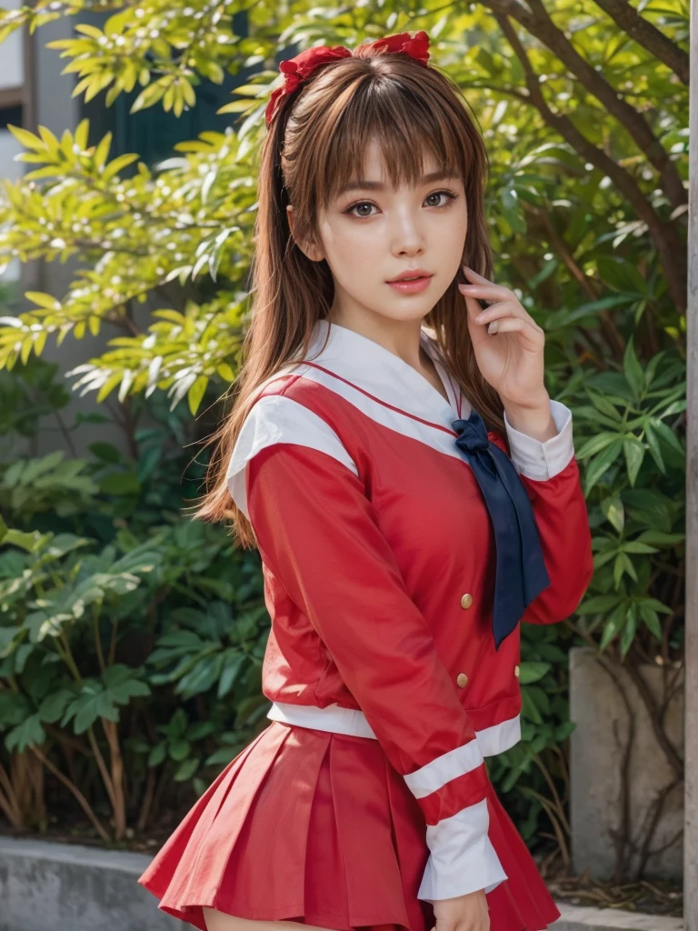 Kasumi, brown eyes, (best quality, ultra-detailed), (realistic:1.37), beautiful and detailed face, ultra-realistic texture, delicate face, delicate body, red lipstick, bright colors. High definition, 8K.