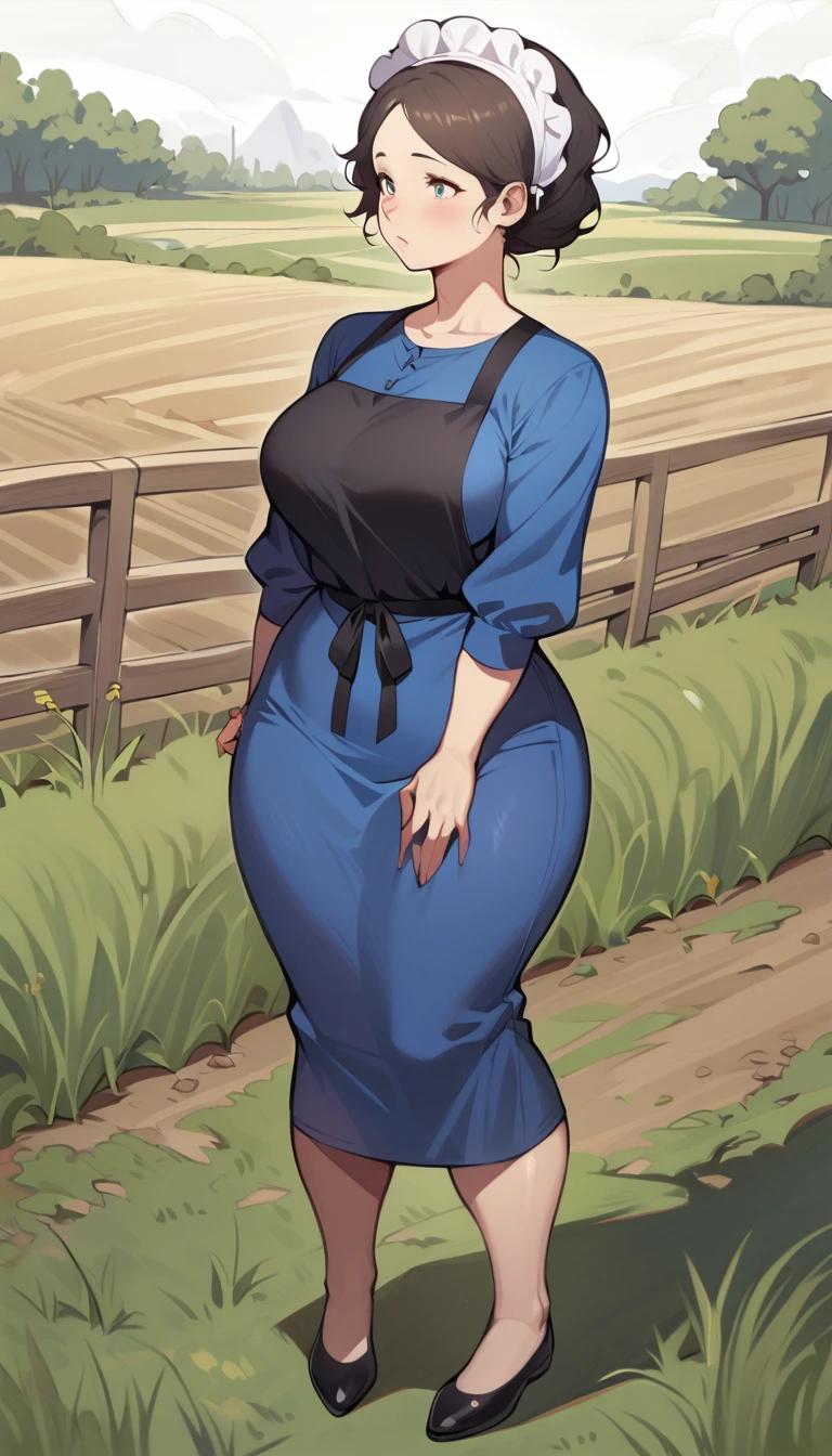 1woman, adult amish woman, 40 years old, pale skin, long sleeved blue dress, she wears small black apron over her blue dress, full body shown, very short brown hair in a conservative style, white bonnet kapp that covers a majority of her hair, no excess hair at the back of her head, wide hips, thick thighs, wearing simple black flats, thick legs, slightly below the knee dress, slight face wrinkles, tight sleeves, standing upright in a farm field, no makeup, hands on lap, side view, aged face, busty, hourglass body figure, rosy cheeks