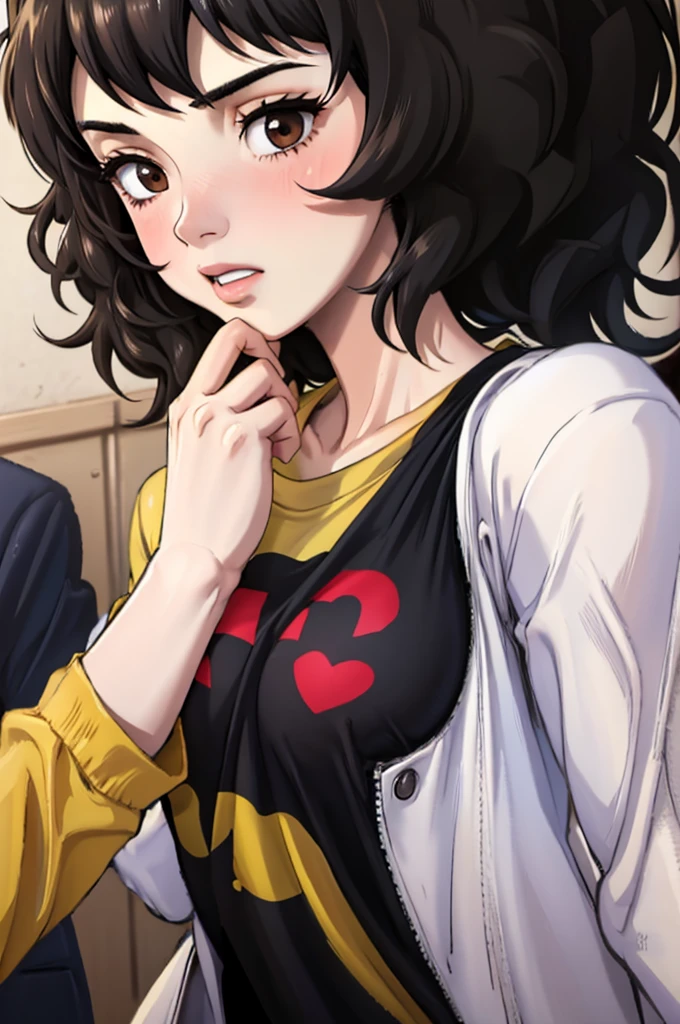 kawakami sadayo (Person 5) Character Lola [Five outfits]、Subjective breast grabbing、Feeling embarrassed、Looking into the camera、Yellow long sleeve T-shirt