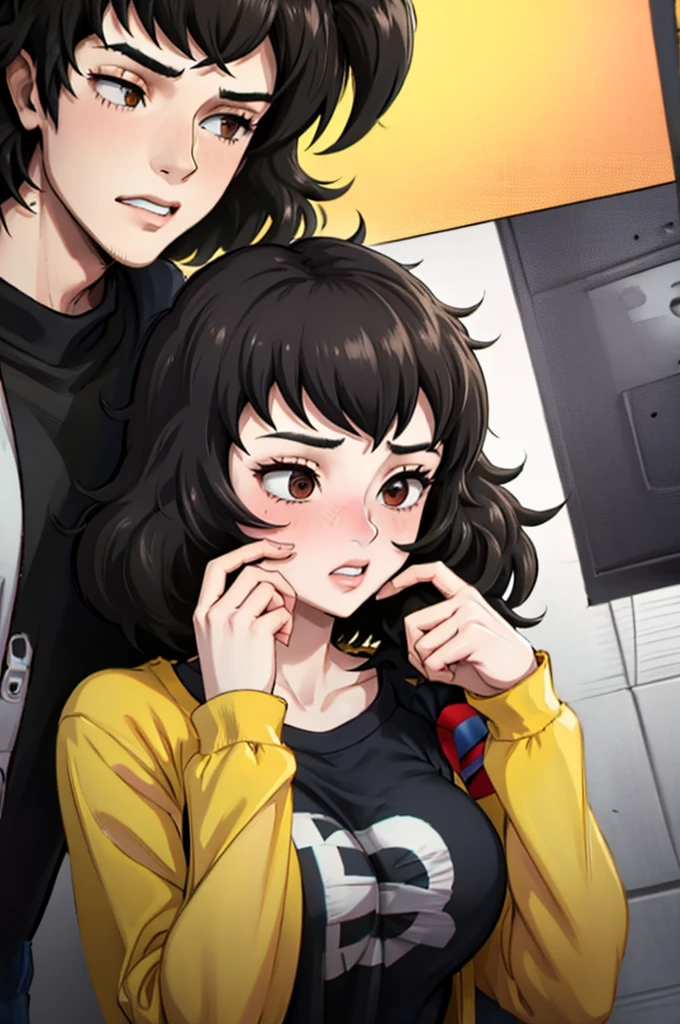 kawakami sadayo (Person 5) Character Lola [Five outfits]、Subjective breast grabbing、Feeling embarrassed、Looking into the camera、Yellow long sleeve T-shirt