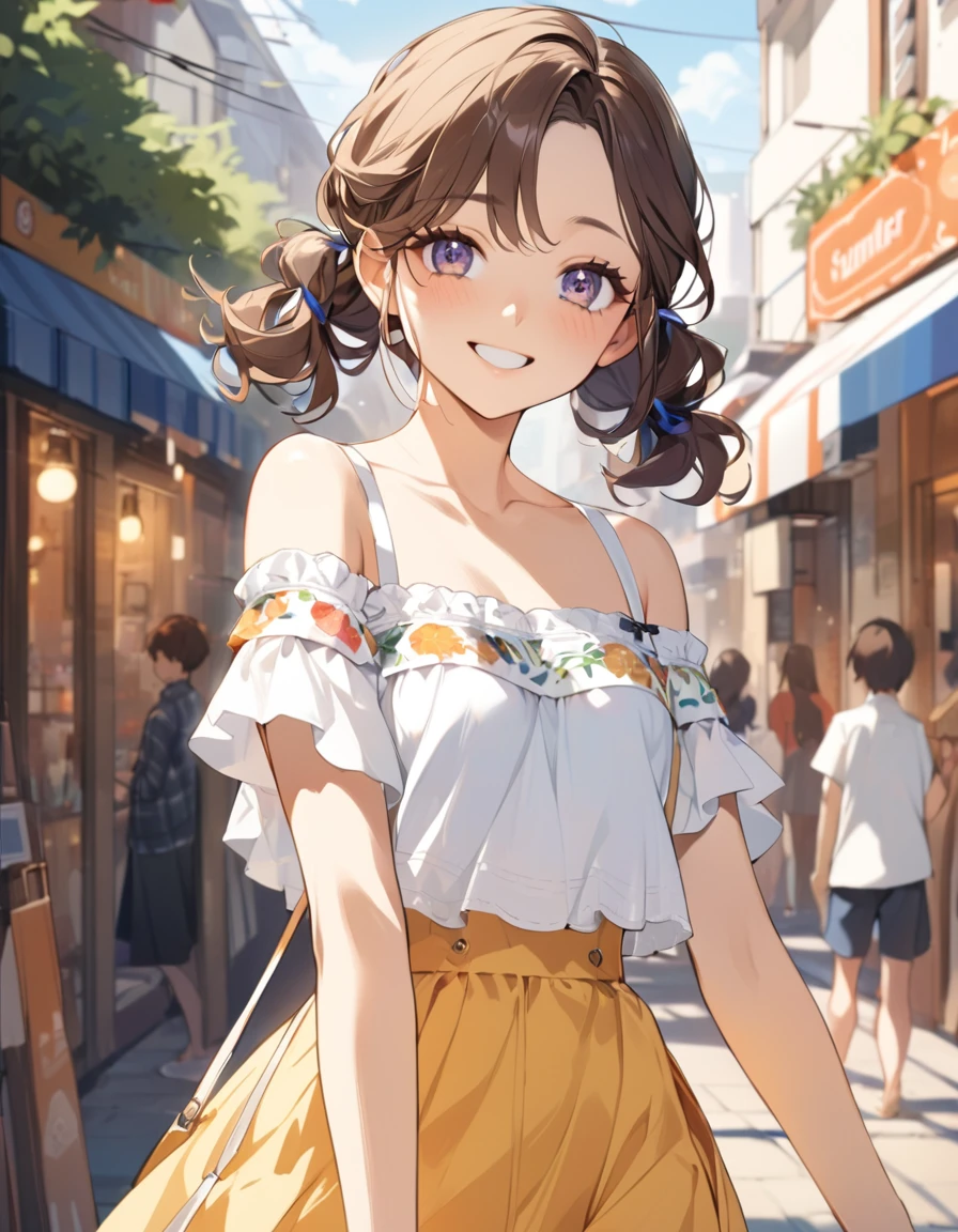 (Top quality illustrations:1.2), (pretty girl:1.1), (1 girl、17 years old、Top quality illustrations:1.2), (1 girl、smile、Small breasts、Highly detailed eyes:1.2)、Dark brown hair、short hair、Wavy Hair、Curly Hair、Low twin tails、Short pigtails、Summer fashion