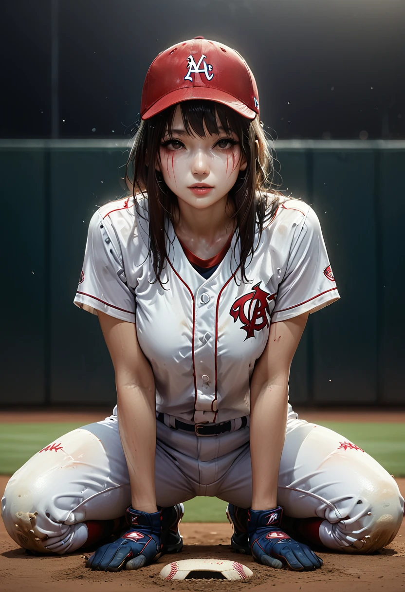 Young and beautiful woman,(Highest quality,Extremely detailed depiction,Incredible high resolution,Anatomically accurate depiction,software),(Glowing Skin,Glowing Skin),baseball player,Baseball uniforms,baseball pants,Baseball cap,gloves,悔しさからOn the mound泣く投手,A regretful face,Kneeling position,background:Baseball field during a game,Walk-off loss,On the mound