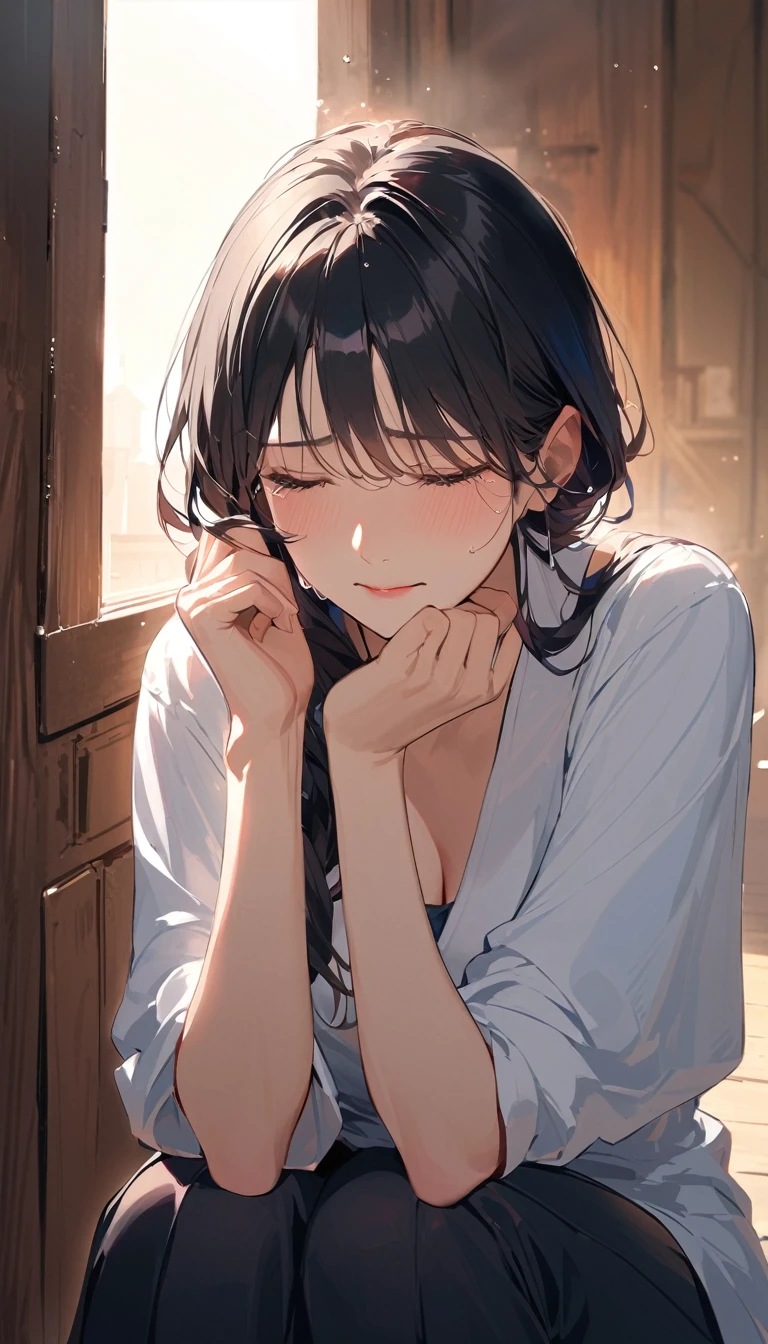 a woman in tears, Mature woman, Black Hair, Slender, Wiping away the tears with my hands