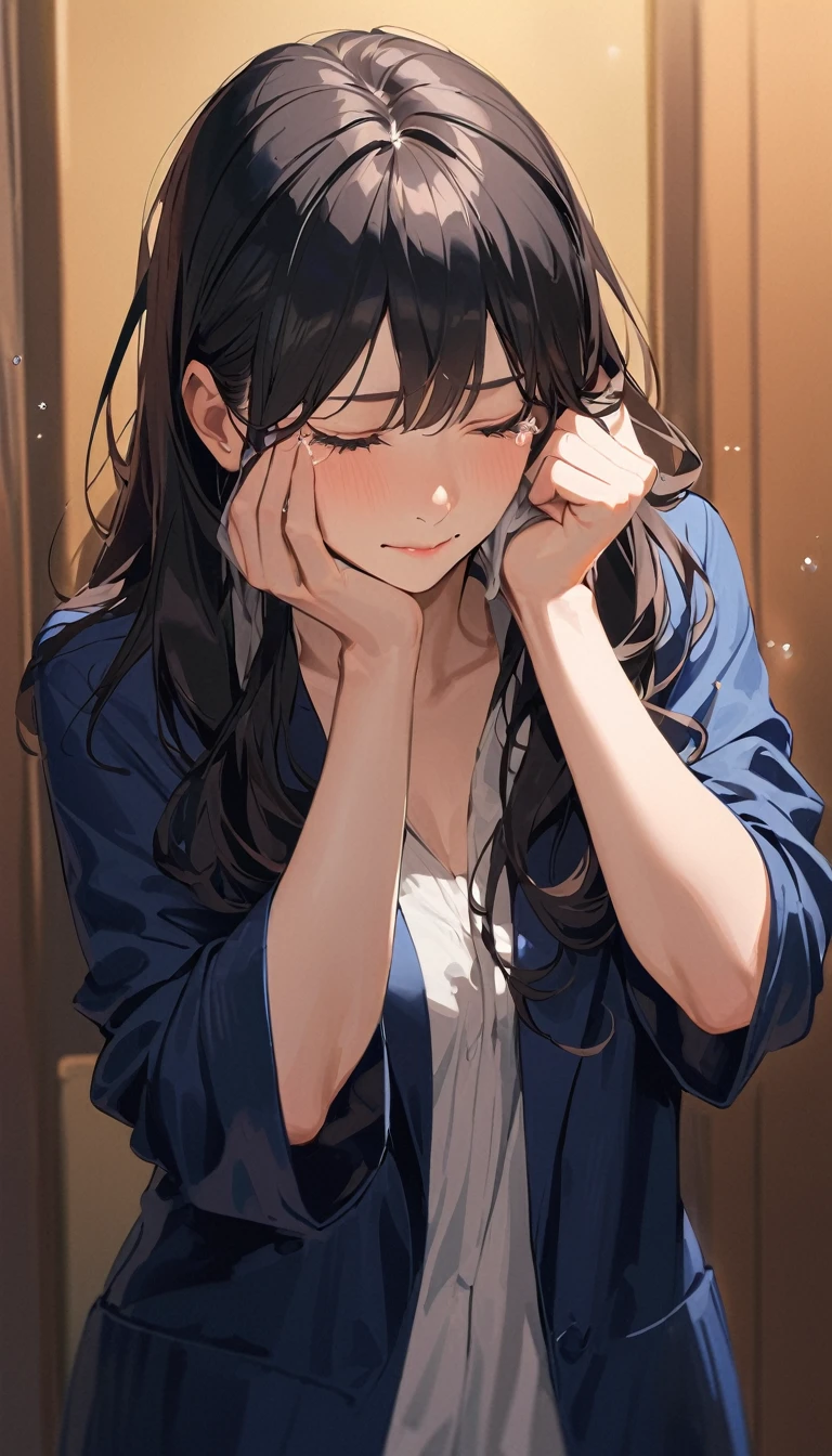 a woman in tears, Mature woman, Black Hair, Slender, Wiping away the tears with my hands