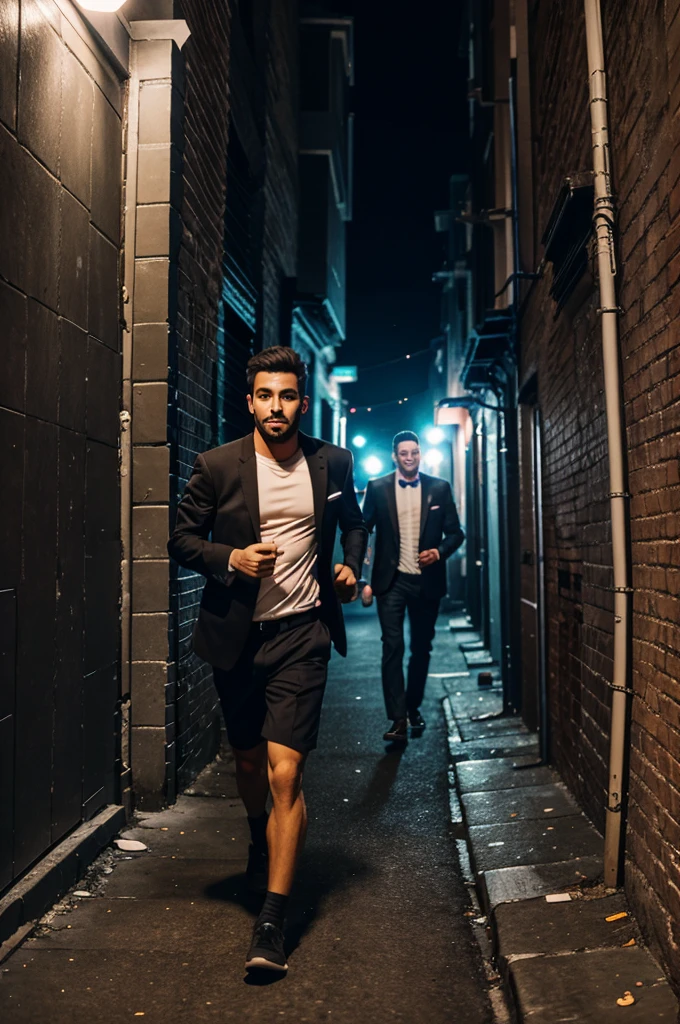 A man chasing another man in a alley way during night time 