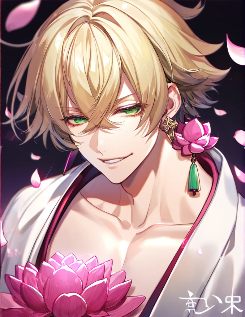 (absurdres, highres, ultra detailed, HDR), master piece, best quality, perfect face, delicate features, vibrant green eyes, solo, man, handsome, Taishakuten, ash-blond hair, hair between the eyes, white tunic, showing the chest, lotus earrings, onmyoji, pink moon, pink flames, pink petals, pink butterflies, angry,