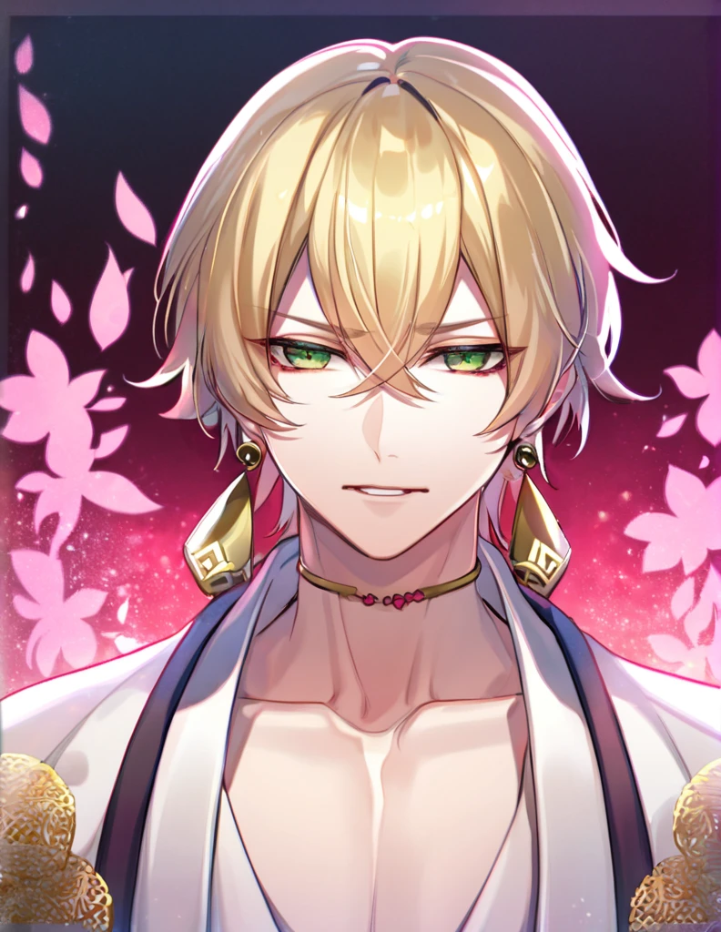 (absurdres, highres, ultra detailed, HDR), master piece, best quality, perfect face, delicate features, vibrant green eyes, solo, man, handsome, Taishakuten, ash-blond hair, hair between the eyes, white tunic, showing the chest, lotus earrings, onmyoji, pink moon, pink flames, pink petals, pink butterflies, angry,