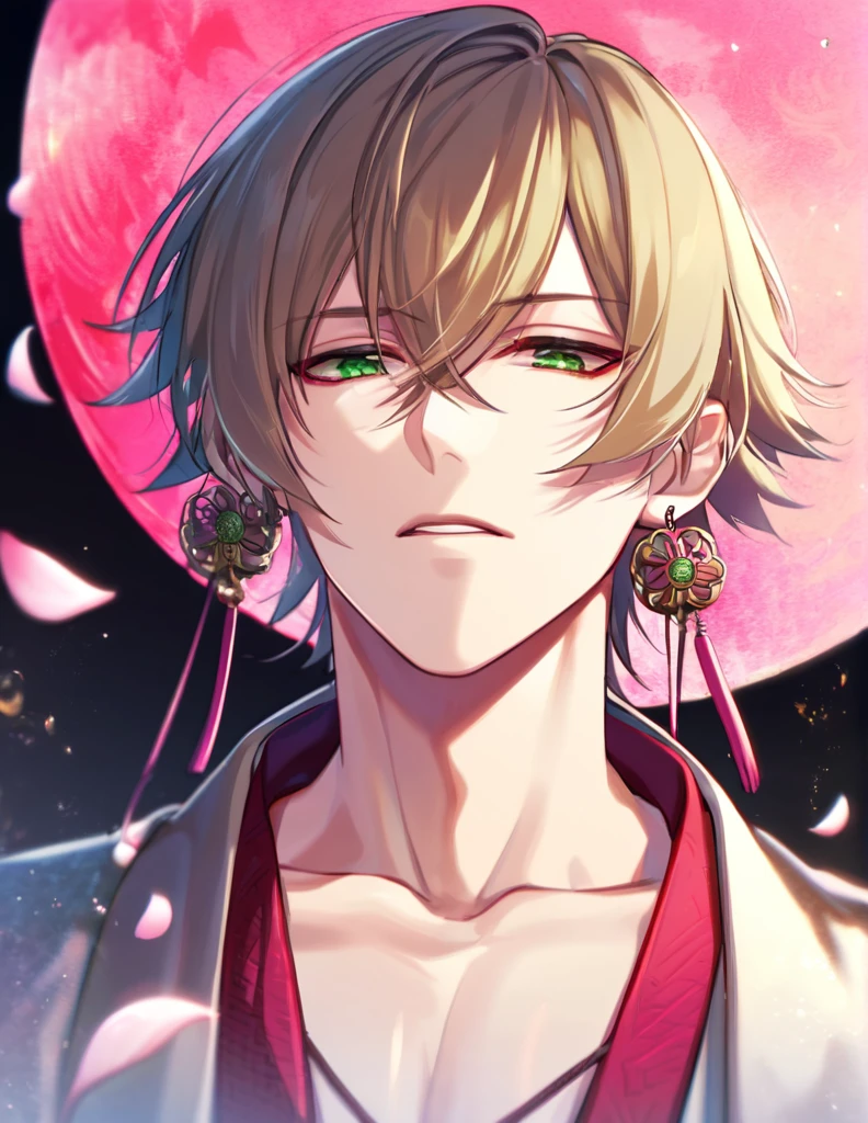 (absurdres, highres, ultra detailed, HDR), master piece, best quality, perfect face, delicate features, vibrant green eyes, solo, man, handsome, Taishakuten, ash-blond hair, hair between the eyes, white tunic, showing the chest, lotus earrings, onmyoji, pink moon, pink flames, pink petals, pink butterflies, angry, 