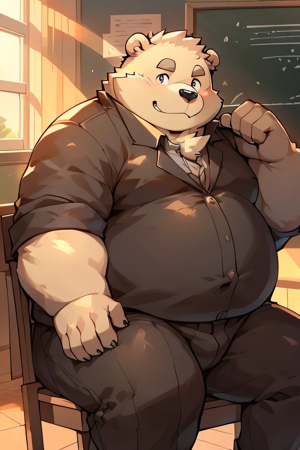 Fat teacher bear sitting on a chair，overweight，male，A faint smile，