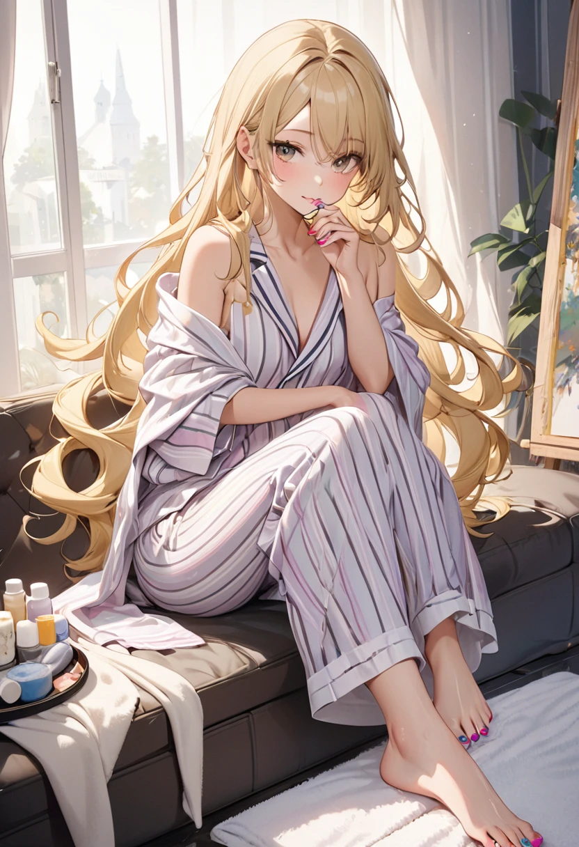 A beautiful girl with long, silky blonde hair is sitting cross-legged in a stylish room and painting nail polish on her feet. Beautiful, flowing hair, beautiful and delicate face, perfect body shape, relaxing time, after a bath, stylish pajamas with stripes, towel draped over shoulders, sitting cross-legged, painting nail polish on feet