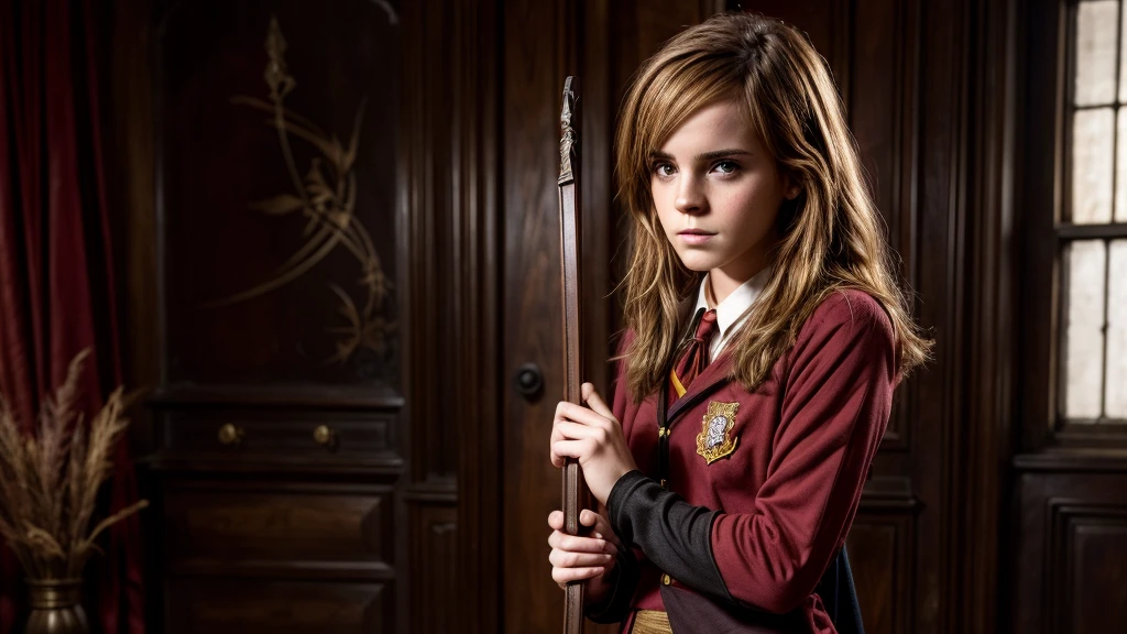 25 year old Emma watson, gryffindor uniform, holding bdsm flogger in right hand