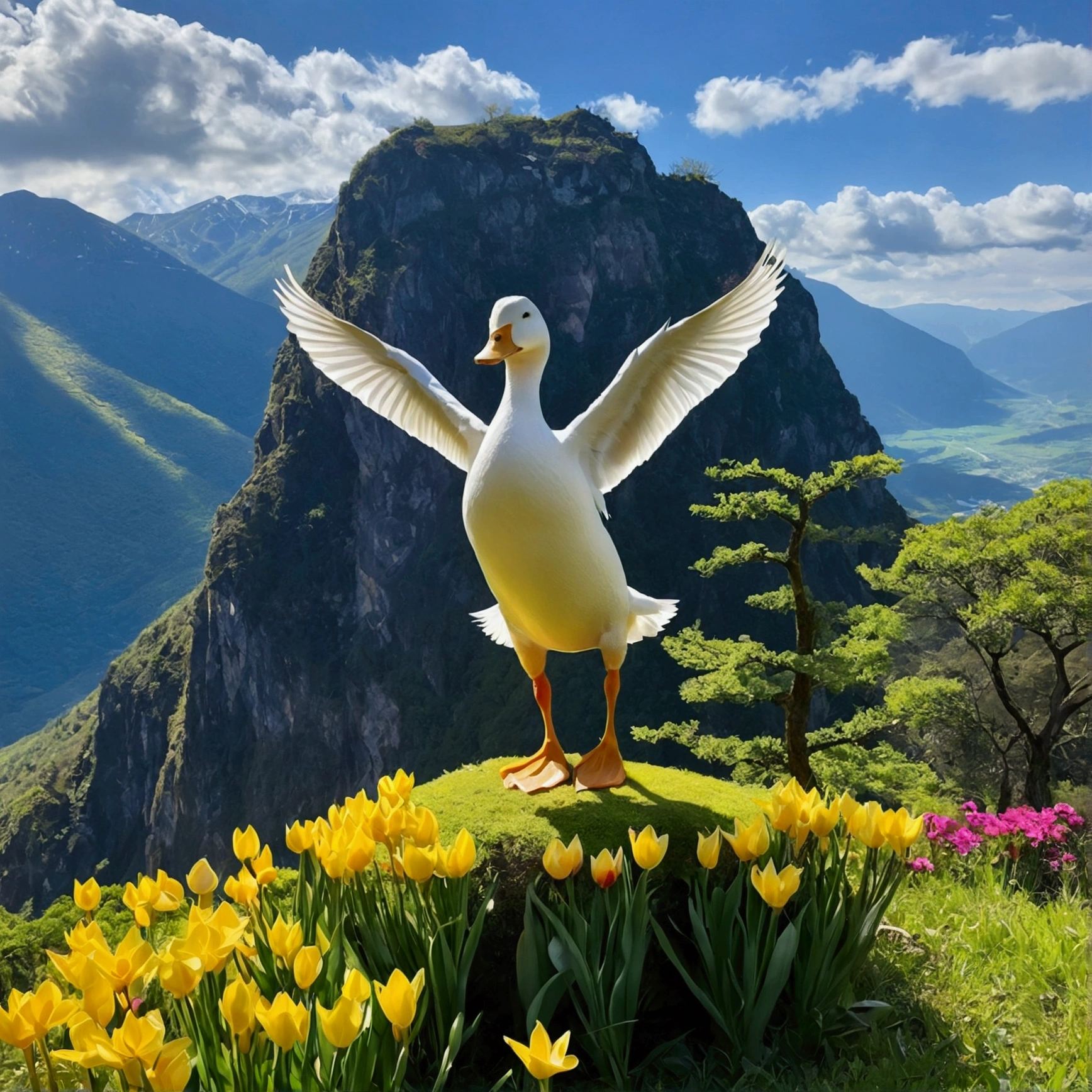 Imagine a duck in a yoga pose, balancing gracefully on top of a majestic mountain. The scenery in the background is a clear blue sky with some scattered white clouds., and the duck is in a tree position (Vrksasana), with one leg raised and wings extended to the sides. The vegetation around the mountain is lush green., with some colorful flowers dotting the scene. The duck's expression is one of concentration and serenity, reflecting a moment of peace and harmony in nature.