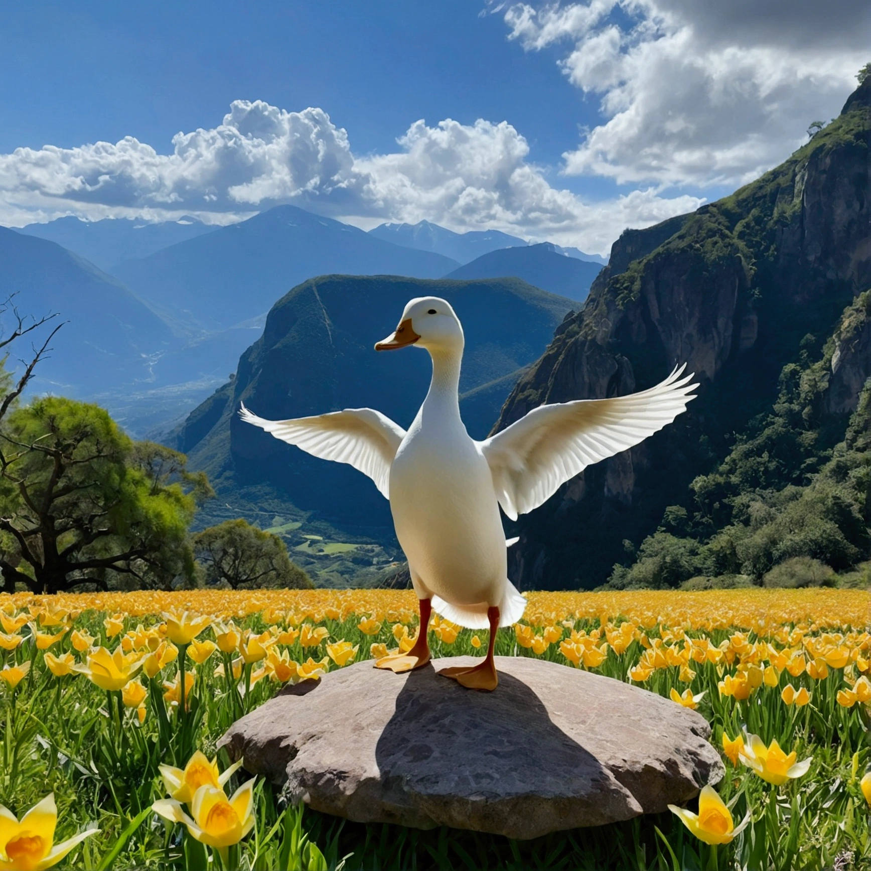 Imagine a duck in a yoga pose, balancing gracefully on top of a majestic mountain. The scenery in the background is a clear blue sky with some scattered white clouds., and the duck is in a tree position (Vrksasana), with one leg raised and wings extended to the sides. The vegetation around the mountain is lush green., with some colorful flowers dotting the scene. The duck&#39;s expression is one of concentration and serenity, reflecting a moment of peace and harmony in nature.