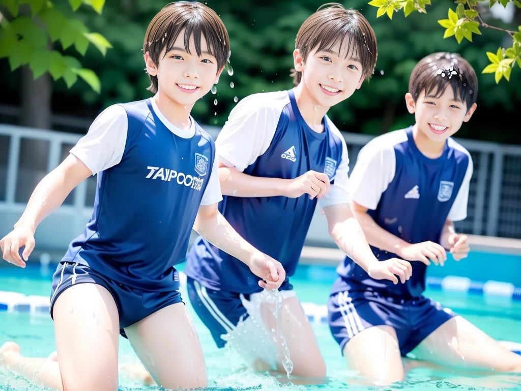 hot summer、、Summer swimming pool、It is sunny、Pouring water on each other、Audible laughter、A lot of boys、Get wet all over、Japan Boy、Glowing water splashes、Pool lessons、Boy playing in water、The happy boys、Strong sunlight、Short sleeve gym uniform、Blue shorts、barefoot,Boys only 、10Year old boy、9Year old boy、Highest quality、masterpiece