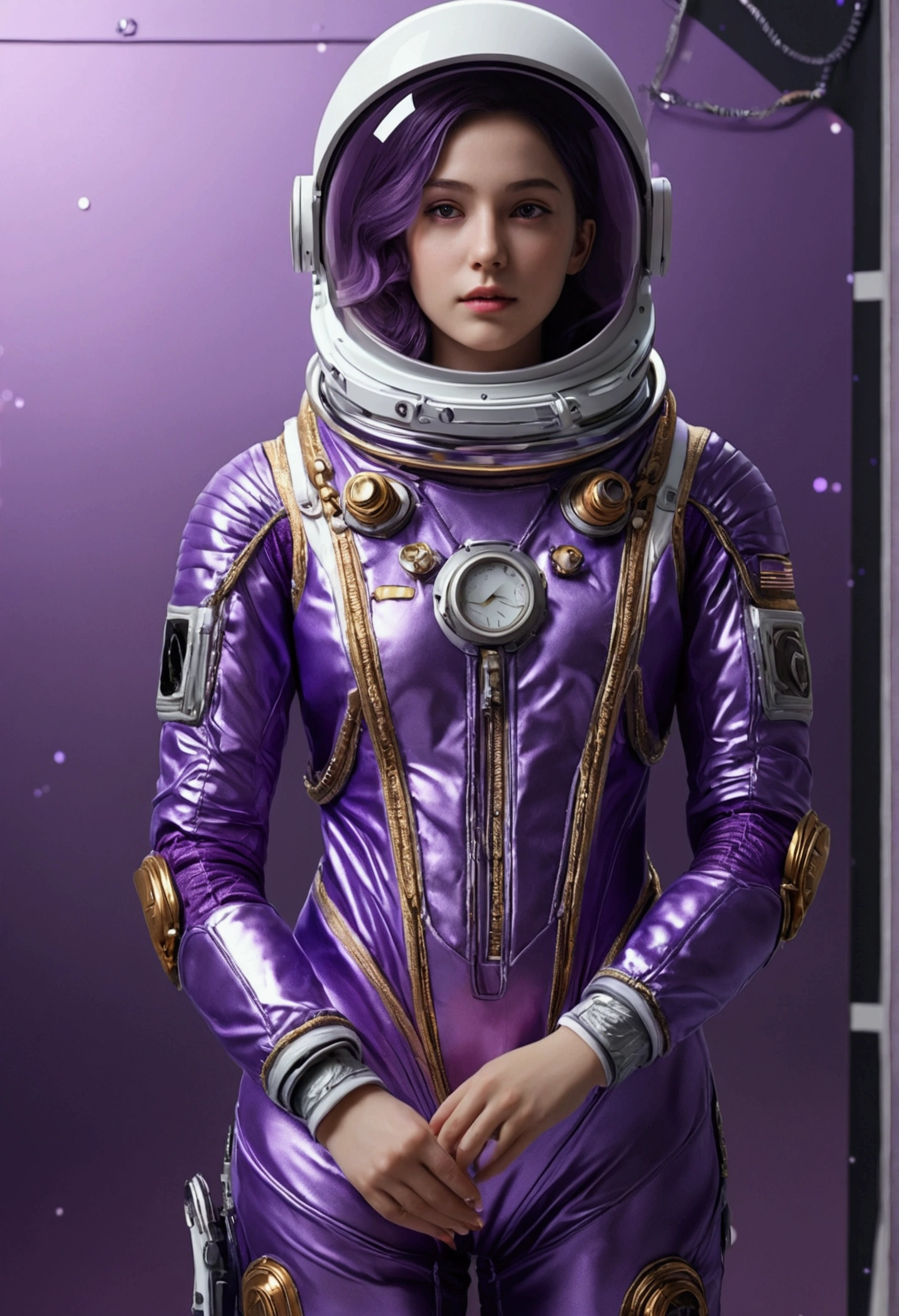 realist, (masterpiece:1.4, Best Quality), (intricate details), unity wallpaper 8k, ultra detailed, (metallic colors1.3), purple space suit, beautiful and aesthetic, 1 girl, detailed, Alone