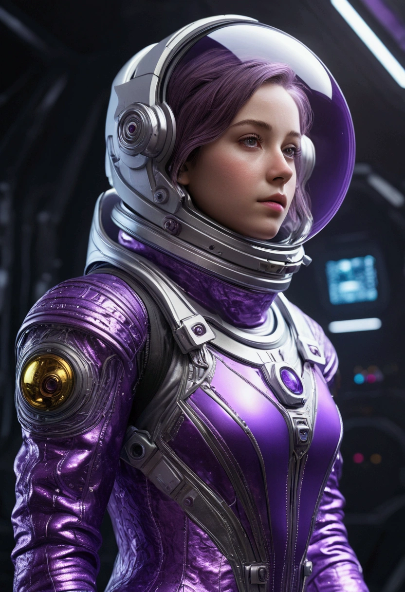 realist, (masterpiece:1.4, Best Quality), (intricate details), unity wallpaper 8k, ultra detailed, (metallic colors1.3), purple space suit, beautiful and aesthetic, 1 girl, detailed, Alone