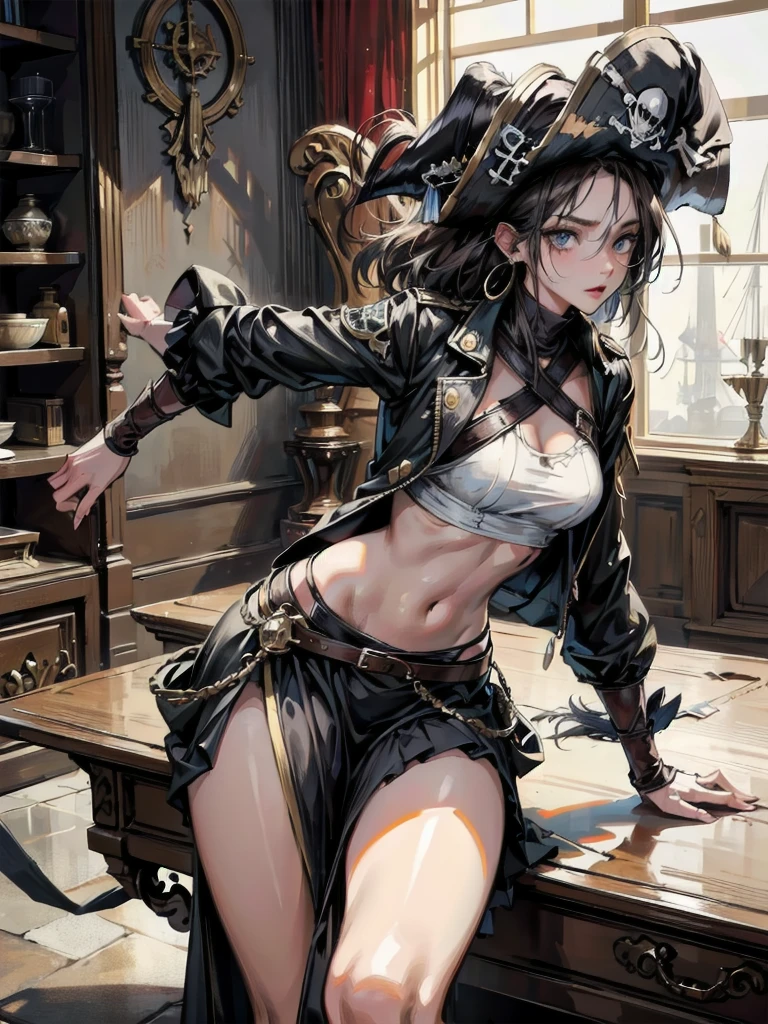 senjumaru shutara, (long hair, bangs, blunt bangs, black hair, sidelocks:1.5), (black eyes:1.5), makeup, lipstick, red lipstick, (best quality,4k,8k,highres,masterpiece:1.2),ultra-detailed,(realistic,photorealistic,photo-realistic:1.37),race queen, cropped jacket, huge breast,highleg bikini, micro shorts, thigh boots, peaked cap, sitting, crossed legs, armchair, nsfw, illustration, vibrant colors, warm tone, dramatic lighting, ethereal atmosphere, flowing robes, dramatic lighting, intense expression, mystical symbol, intense gaze, elegant pose, magical aura, enchanting beauty, mystical setting, enchanting artwork, intricate details. sweating, fog, steaming body