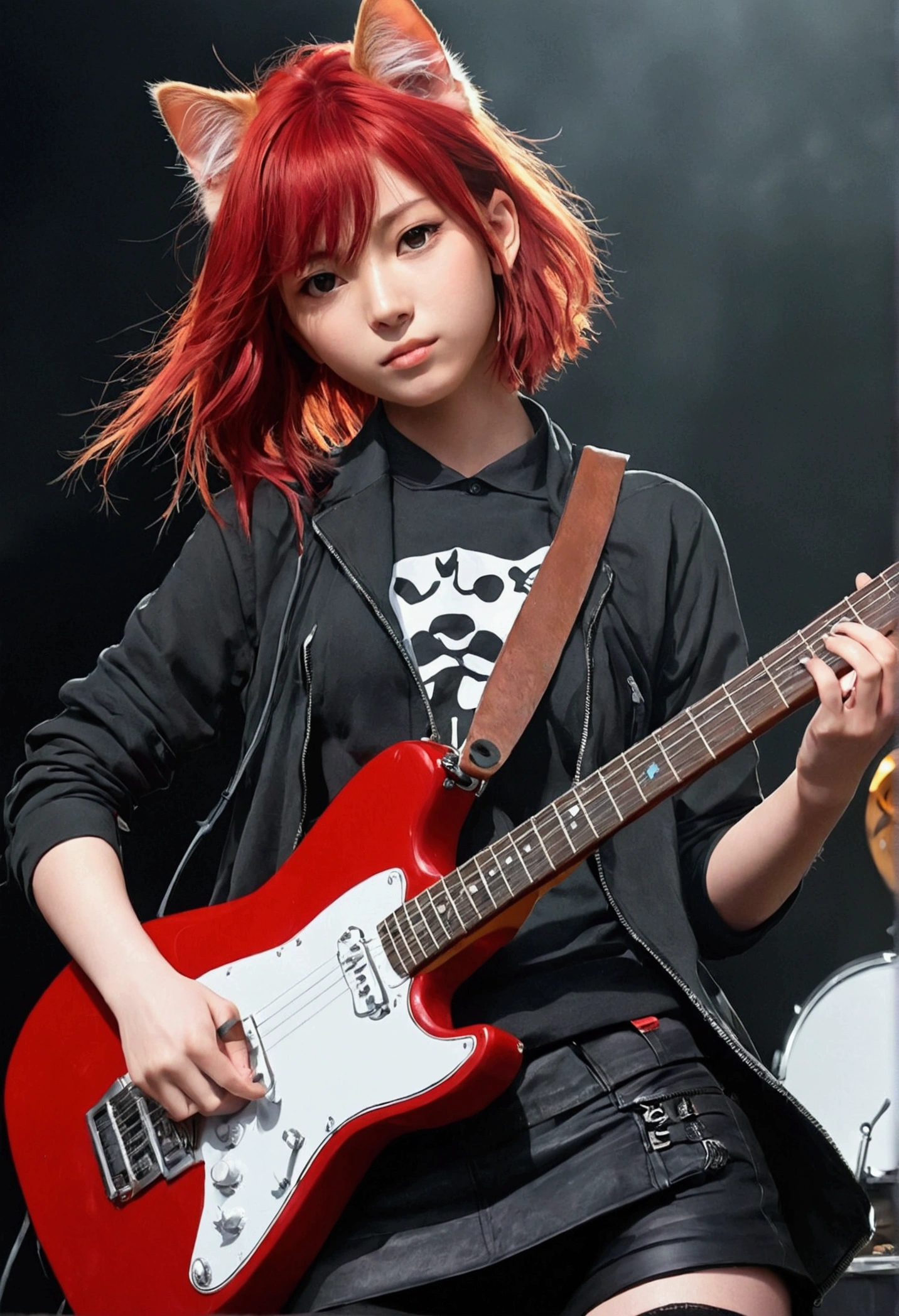 Anime Rock,Cat, Guitar on the back,DJ Set Red Hair Facing forward、Himalayan girl Red Hair
