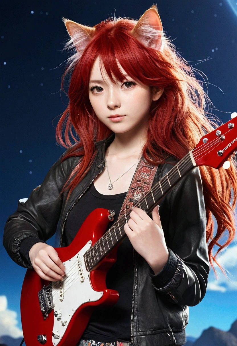 Anime Rock,Cat, Guitar on the back,DJ Set　Red Hair　Facing forward、Himalayan　girl　Red Hair