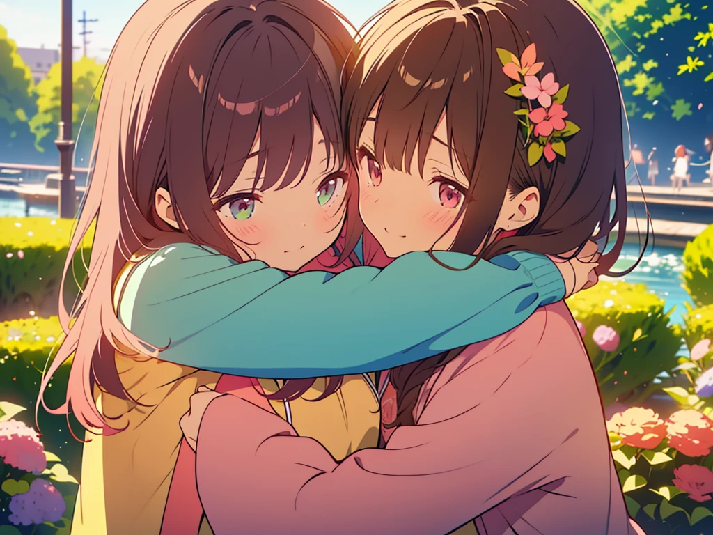 kawaii, anime, Cute, hyper quality, highly detailed, 8k, Clarity, One person has long dark brown hair and green eyes., The other is a young girl with a bright pink short bob and scarlet eyes., Hug each other in Europe's natural water gardens, shed tears, A touching reunion, warm atmosphere, clear blue sky, jump on, whole body, clear air, planted flowers and greenery, Draw facial expressions in detail, highlight on eyes, Close your eyes and cry and laugh, pull perspective, hoodie, Uplifting, jump and hug, Draw the whole body of both of them, light dances, pink hair, Netherlands, pick up a , A small butterfly of light dances, there is a height difference, pink hair, dark brown long hair,