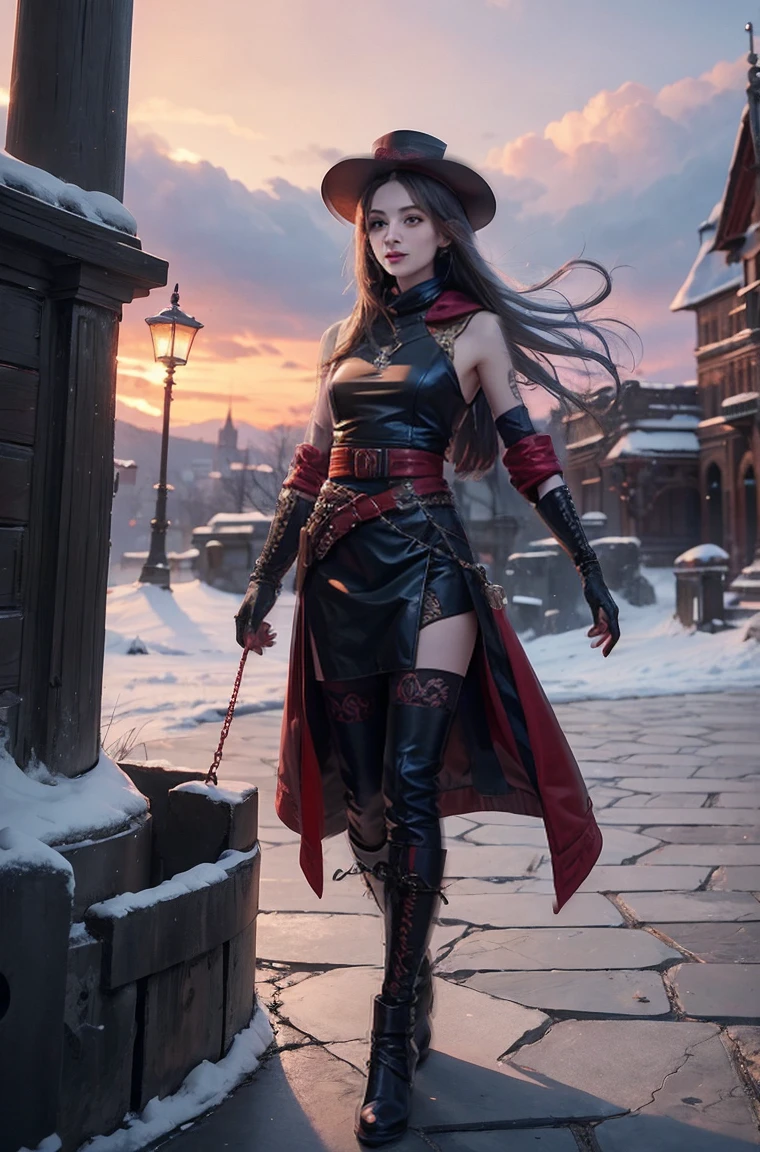 ((Full body photo, standing, feet on the floor)) full body Esbian, of the highest quality, Intricately detailed skins, Shiny skin, Shiny hair, pale complexion，Big breasts), 　Red sky,　Continuous snow， Castle terrace, ((Skull Mark)), ambitious, Seductive Woman, Gray hair, Long hair, Hair fluttering in the wind, Skull mask on half of the face, Detailed tattoos, Red leather clothes, Red sleeveless clothes, Red leather coat, Black leather gloves, Solid Gold Bracelet, leather skirt red skirt, , small hat, (Leather Belt), Look far away
