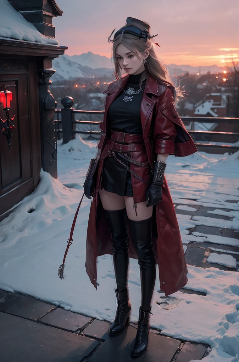 ((Full body photo, standing, feet on the floor)) full body Esbian, of the highest quality, Intricately detailed skins, Shiny skin, Shiny hair, pale complexion，Big breasts), 　Red sky,　Continuous snow， Castle terrace, ((Skull Mark)), ambitious, Seductive Woman, Gray hair, Long hair, Hair fluttering in the wind, Skull mask on half of the face, Detailed tattoos, Red leather clothes, Red sleeveless clothes, Red leather coat, Black leather gloves, Solid Gold Bracelet, leather skirt red skirt, , small hat, (Leather Belt), Look far away