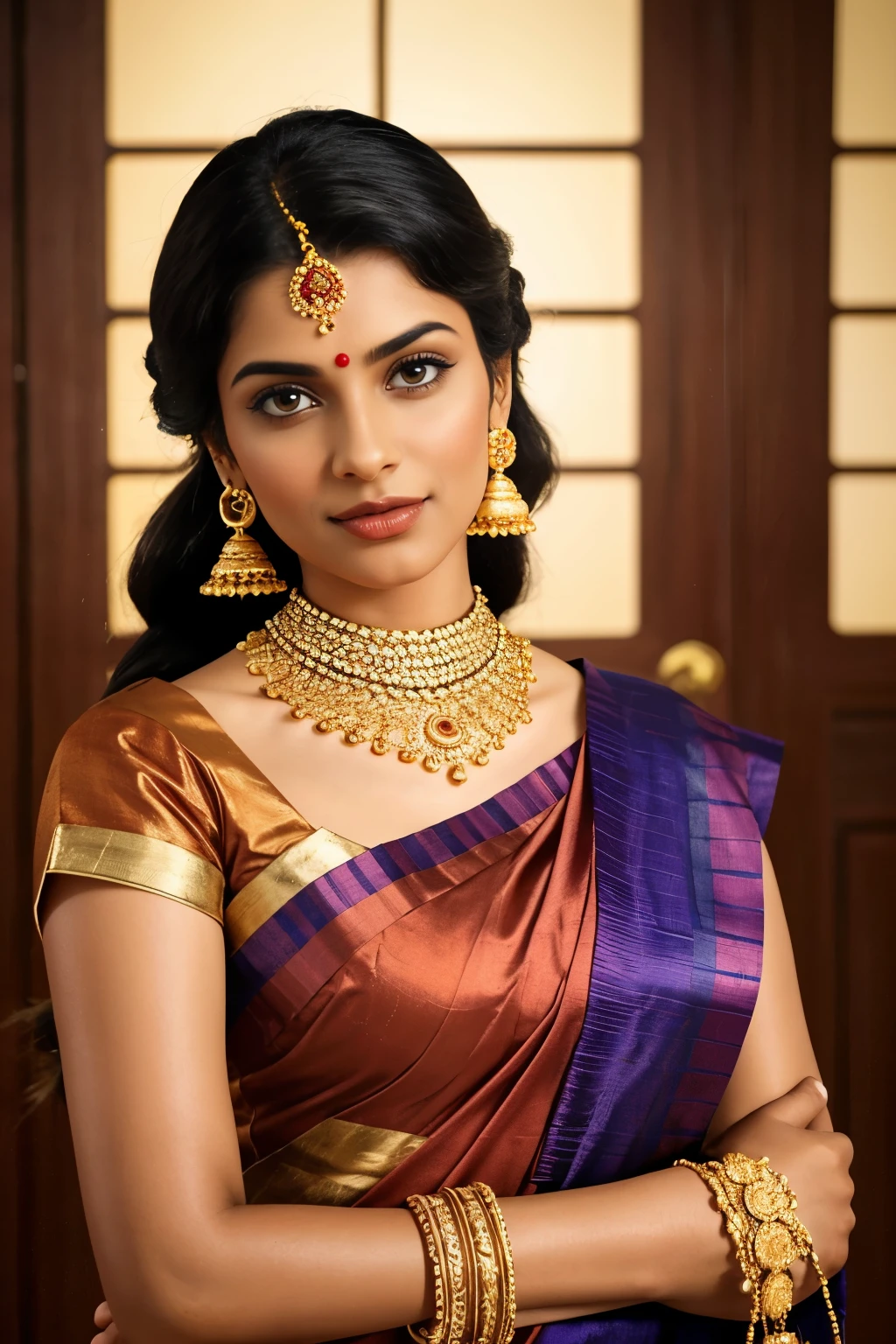 Create a high-quality, detailed image of a retro South Indian woman. The style should evoke the elegance and traditional charm of the mid-20th century.
Appearance:
The woman should have classic South Indian features, with expressive eyes, a broad forehead, and a warm smile.
She should have long, dark hair styled in a traditional way, such as a braid adorned with jasmine flowers.
Attire:
She should be wearing a bright, tight-fitting T-shirt in vibrant colors like deep red, emerald green, or royal blue. The T-shirt should have a slightly retro design, possibly with traditional patterns or motifs.
Jewelry:
Adorn her with traditional South Indian jewelry: a large gold necklace, jhumka earrings, bangles, and a nose ring.
Include a maang tikka (forehead ornament) and vanki (armlet).
Background:
The background should be simple yet indicative of a South Indian home, possibly featuring traditional elements like wooden pillars, brass lamps, or a kolam (rangoli) design on the floor.
Overall Feel:
The image should have a nostalgic, vintage feel with warm, soft lighting to enhance the retro ambiance.
Ensure the colors are rich and vibrant, but with a slightly muted, classic tone to convey the vintage aesthetic.