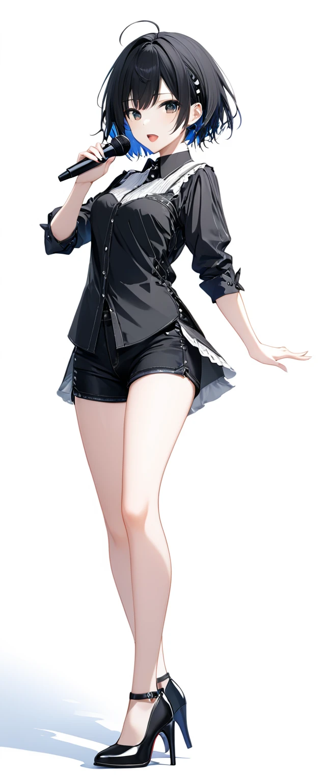 (((White background:1.5)))、(A Scandinavian gothic metal girl singing with a microphone in both hands and an open mouth),(The entire subject is captured),(((full body:1.2))),(very wide shot)、(masterpiece、Ultra HD、Highest quality、Masterpiece、4K:1.2)、8Slender body with a perfect head、Intense gaze into the camera, Highly detailed eyes, Highly detailed fingers、Short black hair、Top is a shirt、Shorts underneath, Wearing high heels、Singing with dynamic poses、frontal face