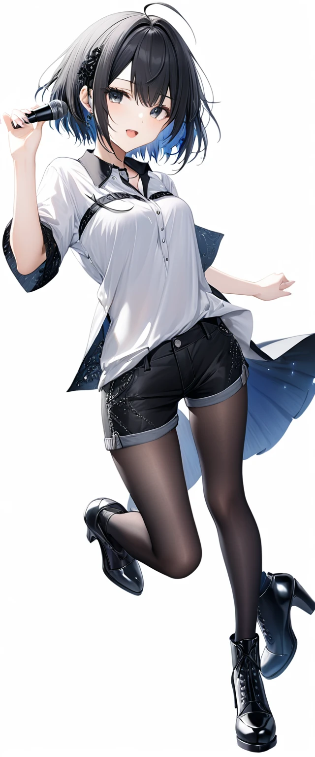 (((White background:1.5)))、(A Scandinavian gothic metal girl singing with a microphone in both hands and an open mouth),(The entire subject is captured),(((full body:1.2))),(very wide shot)、(masterpiece、Ultra HD、Highest quality、Masterpiece、4K:1.2)、8Slender body with a perfect head、Intense gaze into the camera, Highly detailed eyes, Highly detailed fingers、Short black hair、Top is a shirt、Shorts underneath, Wearing high heels、Singing with dynamic poses、frontal face