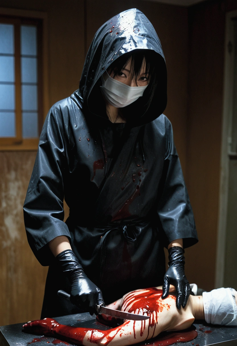 japanese girl, (behind corpse, surgical mask), holding knife, stabbing, black gloves, room full of blood, black raincoat, hood up, holding knife, black gloves, behind corpse, blood splatter, long bangs, black wet suit, night, mass murderer, robbery, dark atmosphere, cinematic lighting, atmospheric realistic,