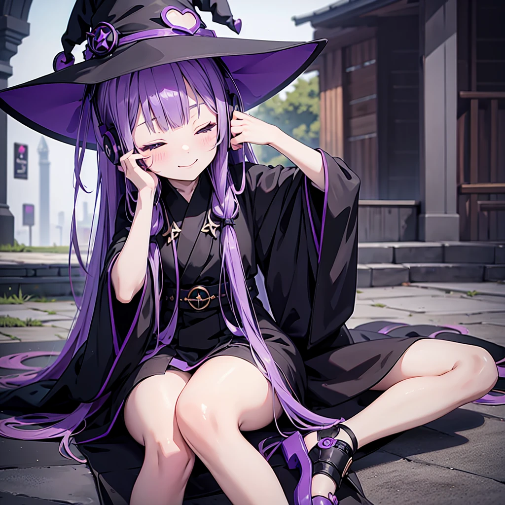 Anime girl with long purple hair and black robe. Pointy ears. Cute as a cartoon. Sitting with eyes closed with a happy face. Headphones. Witch hat on the ground.