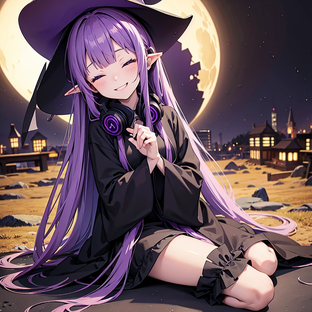 Anime girl with long purple hair and black robe. Pointy ears. Cute as a cartoon. Sitting with eyes closed with a happy face. Headphones. Witch hat on the ground.