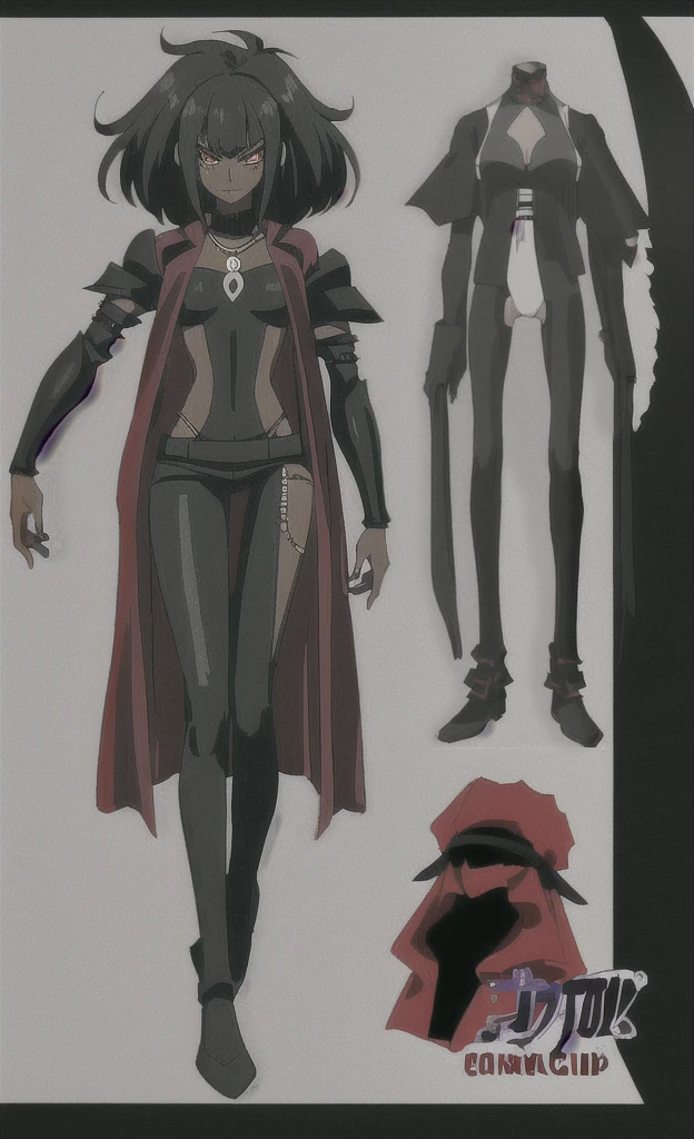 90s grown tall skinny evil black skinned women with short black hair wearing red and black armor
full body