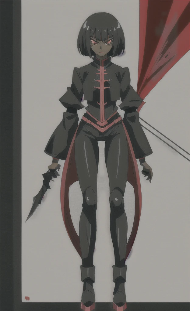 90s grown tall skinny evil black skinned women with short black hair wearing red and black armor
full body
