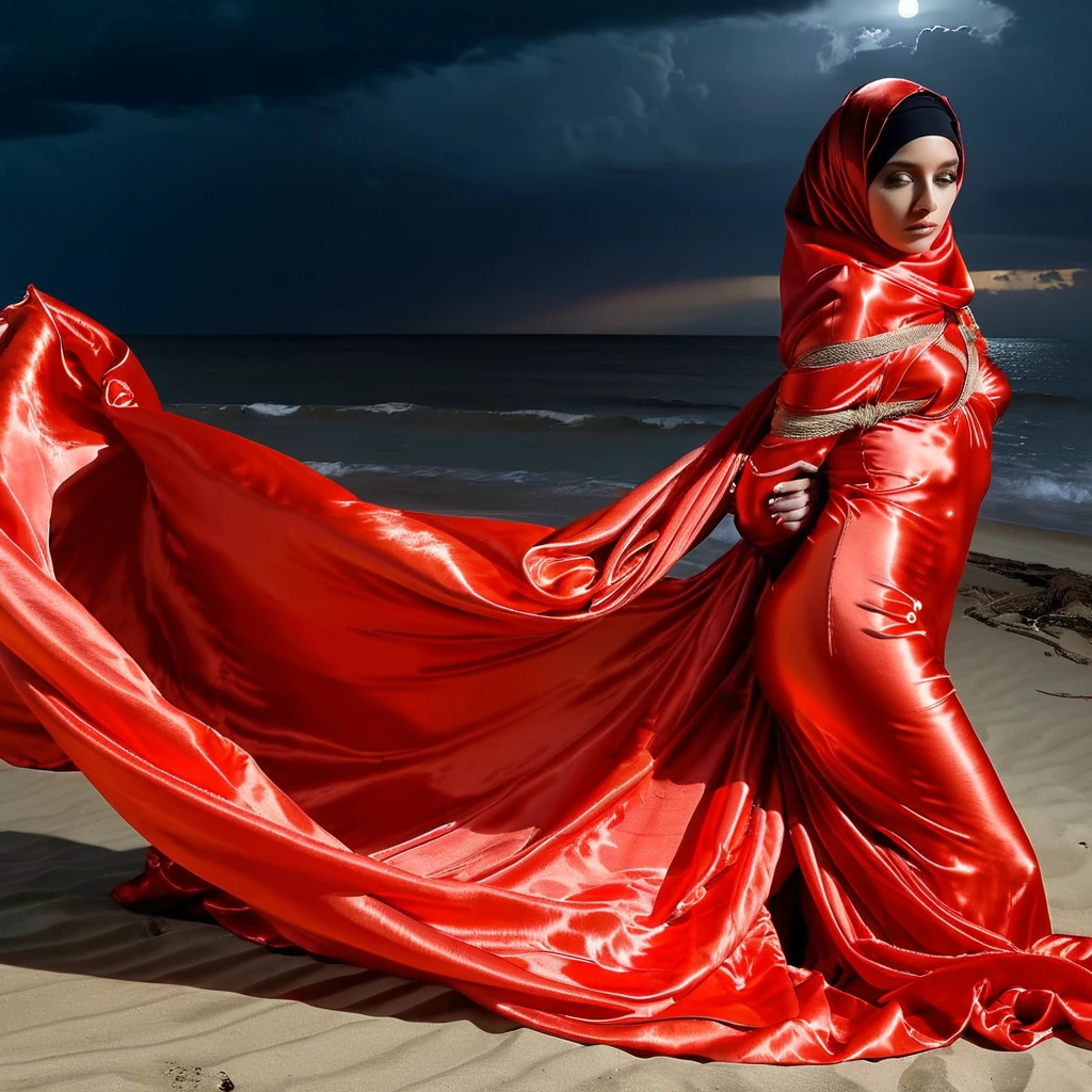 a sexy a woman covered in red satin cloth, mummified in satin, tied tight in satin, shape like mermaid, tight in leg, wearing a satin hijab, the satin is very long, forming the curve of the body,dramatic flowy satin,strugle to move,full body, masterpice, flowy satin blow by wind,4k resolution, ultra-realistic, highly detail, great lightning.