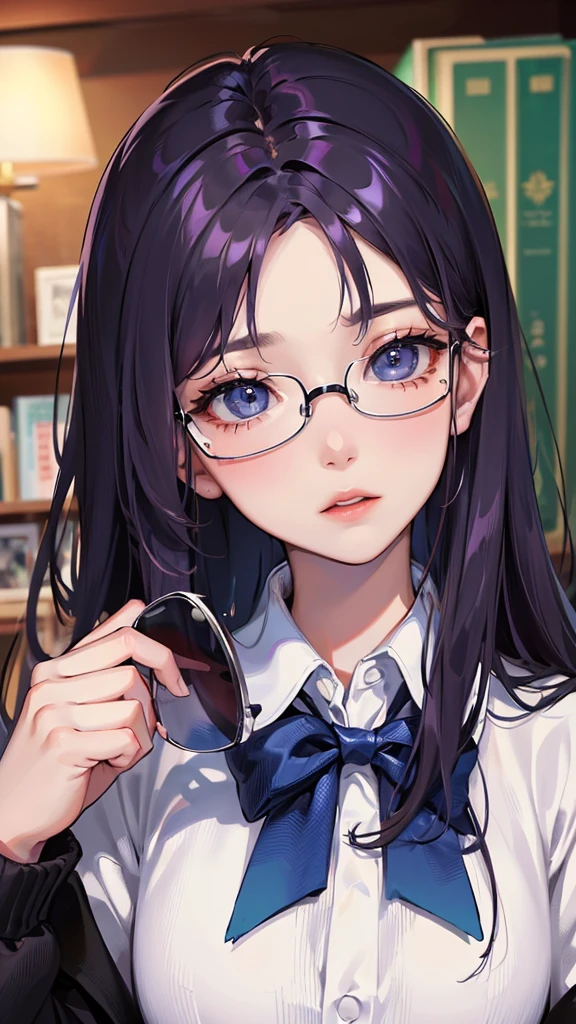 (Top resolution、Distinct_image)top-quality、(A girl) 、masterpiece、highly detailed, half body, Semi-realistic、 ( blue eyes ) 、18year old,
( dark purple hair ) ,young 、Exquisite facial
An expression of embarrassment, Shy girl,
(Wear glasses) ,Facial features ,variation potrait, long hair , age, cool , cold sharp eyes, , {Very detailed 8k CG unit wallpaper}, students, whit oversized shirt ,library background, (black sweater on top)