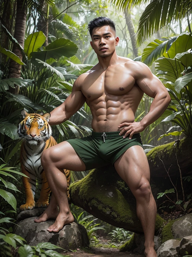 big head caricature style of an Indonesian man posing in a tropical forest, his body looks dashing, facing front, the pose of one of his legs is raised on a rock, accompanied by a tiger beside him, wearing a striped green army uniform, realistic