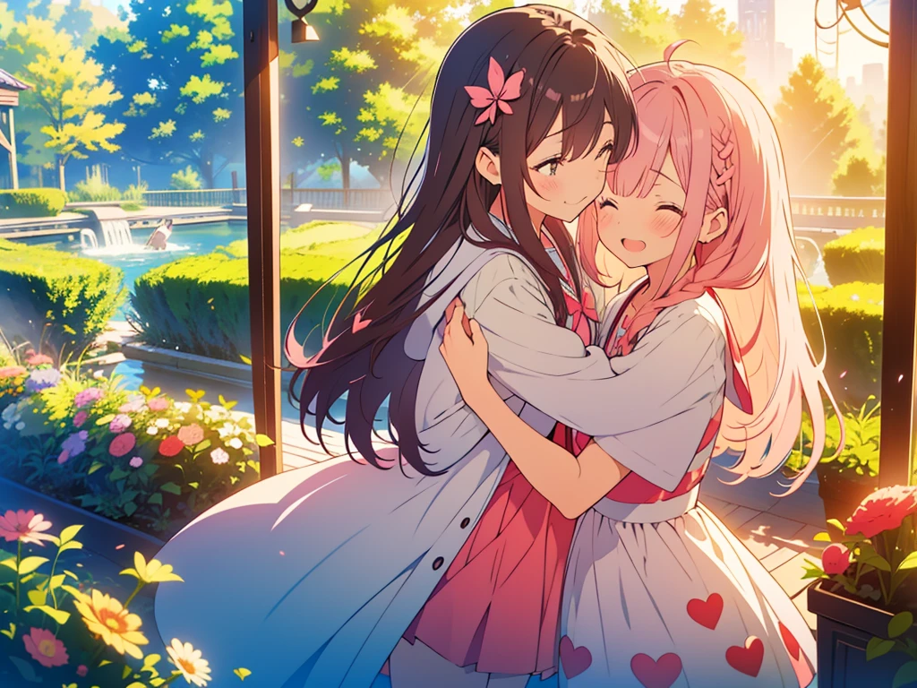 kawaii, anime, Cute, hyper quality, highly detailed, 8k, Clarity, One person has long dark brown hair and green eyes., The other is a young girl with a bright pink short bob and scarlet eyes., Hug each other in Europe's natural water gardens, shed tears, A touching reunion, warm atmosphere, clear blue sky, jump on, whole body, clear air, planted flowers and greenery, Draw facial expressions in detail, highlight on eyes, Close your eyes and cry and laugh, pull perspective, hoodie, Uplifting, jump and hug, Draw the whole body of both of them, light dances, pink hair, Netherlands, pick up a , A small butterfly of light dances, there is a height difference, pink hair, dark brown long hair,