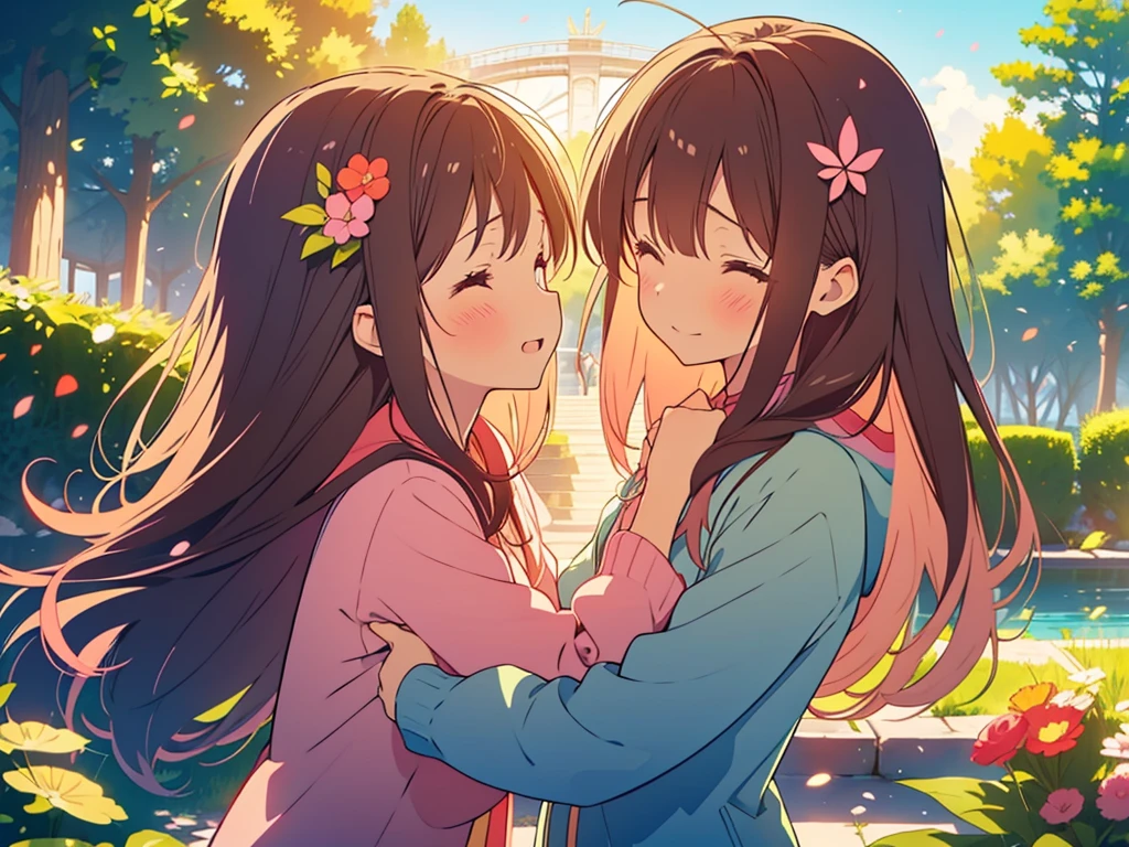kawaii, anime, Cute, hyper quality, highly detailed, 8k, Clarity, One person has long dark brown hair and green eyes., The other is a young girl with a bright pink short bob and scarlet eyes., Hug each other in Europe's natural water gardens, shed tears, A touching reunion, warm atmosphere, clear blue sky, jump on, whole body, clear air, planted flowers and greenery, Draw facial expressions in detail, highlight on eyes, Close your eyes and cry and laugh, pull perspective, hoodie, Uplifting, jump and hug, Draw the whole body of both of them, light dances, pink hair, Netherlands, pick up a , A small butterfly of light dances, there is a height difference, pink hair, dark brown long hair,