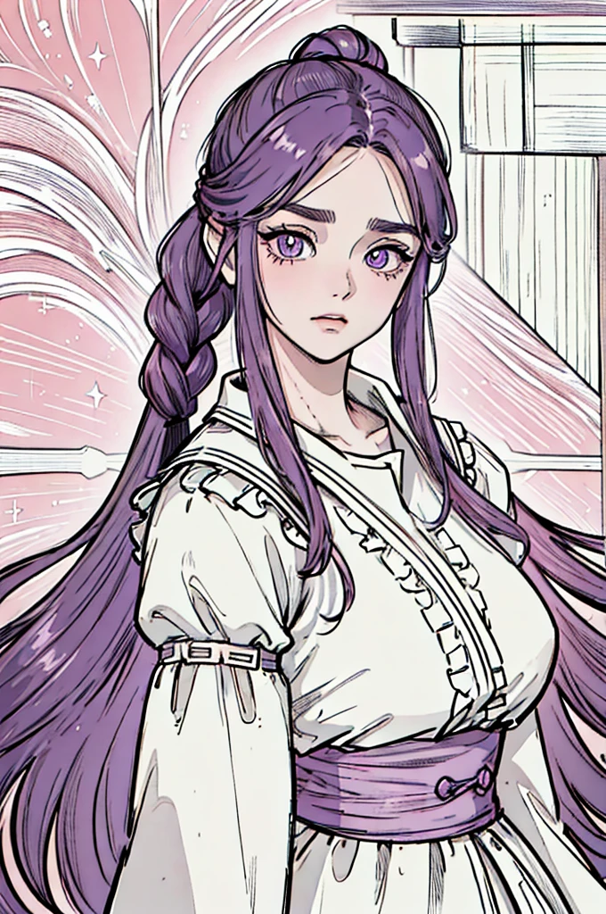 Long, straight hair, typically tied back in a ponytail with small braids; purple in color. Almond-shaped eyes, with a warm hazel hue, often sparkling with curiosity. Well-groomed brows and slightly arched, giving an expressive look. Soft and rounded jaw, giving a gentle and approachable appearance.